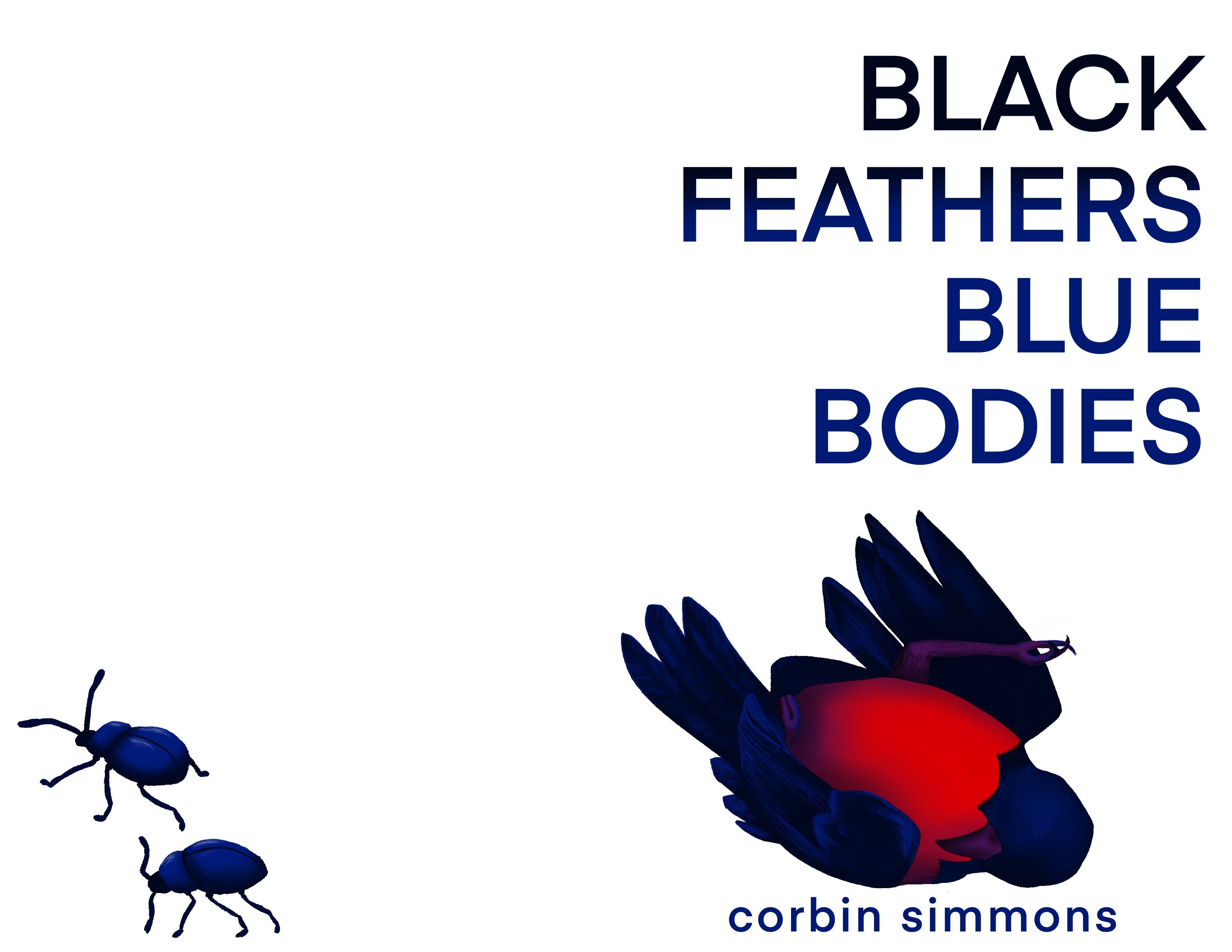 a book cover with a a drawing of a dead black bird with a red chest, 2 blue beetles, and the title of the story written in bold lettering