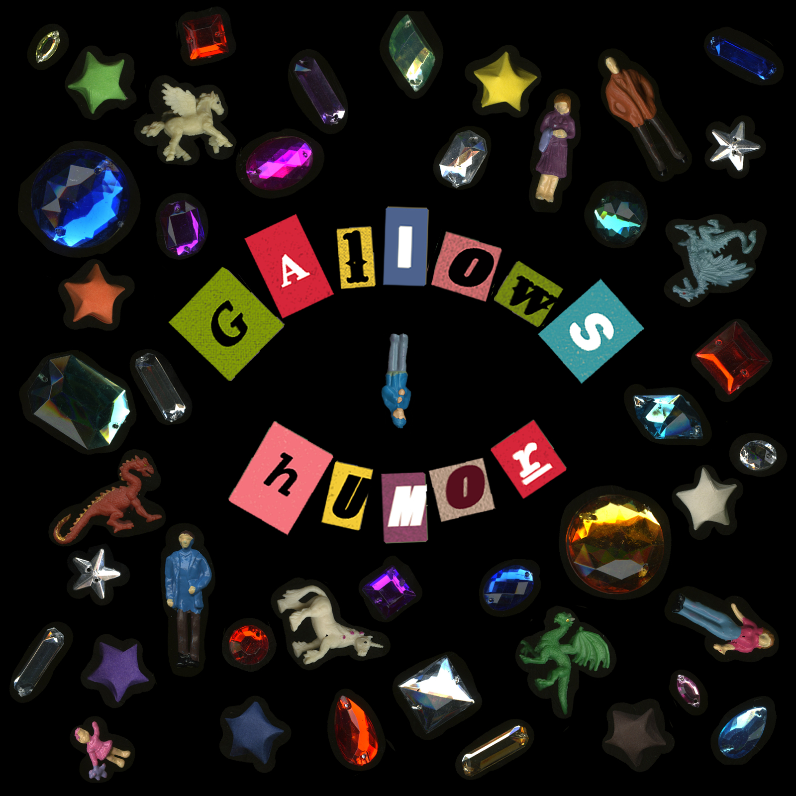 a square mixtape cover with small toys floating in a black void, text on the image is formed in the shape of an eye and is made up of ransom note cut out letters. a tiny toy doll is upsidedown in the very center of the image
