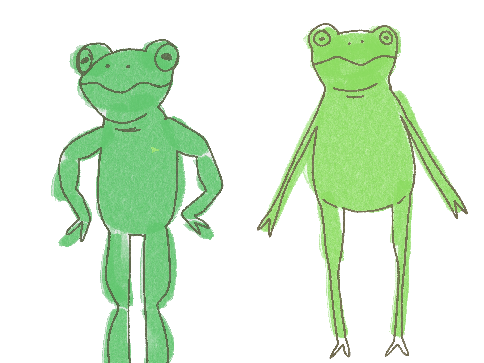two sloppy doodles of frogs, standing on their hind legs anthropomorphically, in different shades of green