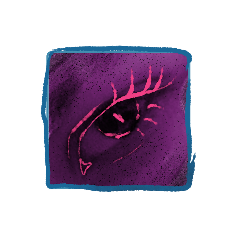 close up image of eye shaded pink, traced over with even brighter pink, inside a blue square frame