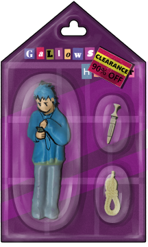 Faux toy packaging of a small, faceless, blue doll and two accessories, rope and a knife. Packaging depicts a pink doll house surrounding the doll, and the toy is labeled as being on clearance for 90% off.